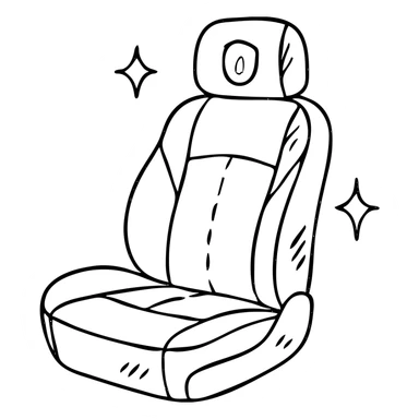 hand-drawn outlined icon of a luxury car seat in matte black with a small droplet or shield on the headrest, elegant stitching, minimalist lines, extra shine and sparkles, clean and modern sticker