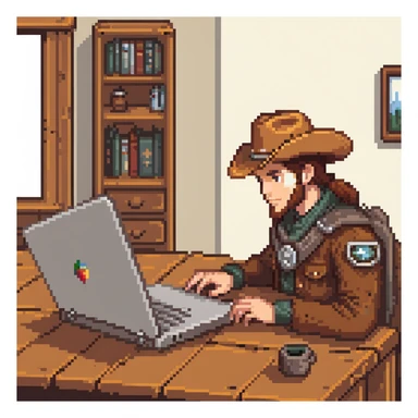 Frontier explorer with cowboy hat using a laptop on a wooden desk sticker