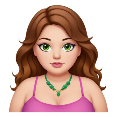 Baddie bratz girl with middle parted long wavy brown hair. green eyes. Plus size. Pink spaghetti strap top. Black eyeliner sticker