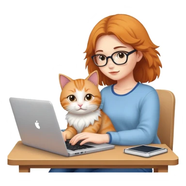 A girl is working hard on a laptop with a cat next to it sticker