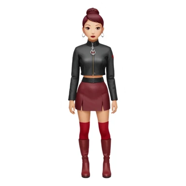 “East Asian woman with a tight sleek bun, no loose strands. Black leather jacket over a black turtleneck, silver Vivienne Westwood-style orb necklace. Red leather mini skirt, burgundy tights, red long boots. Clean, fashion-editorial style.” sticker