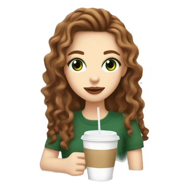 aesthetic white girl with brown wavy hair and green eyes sipping an iced americano in a cute coffee shop  sticker