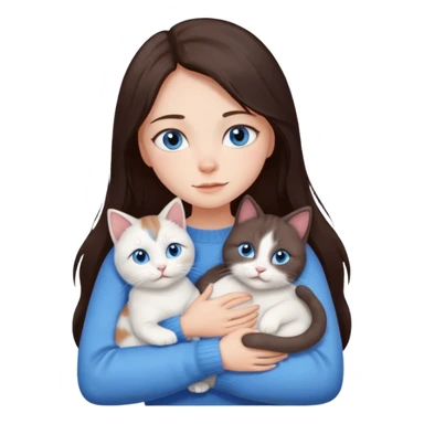 a girl with long dark 
brown hair, with blue eyes, in a
white sweater, hugs 3 different natural coloured cats sticker