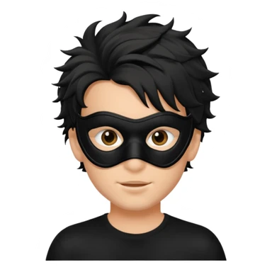 messy hair boy in a sleek black mask, playful eyes showing sticker