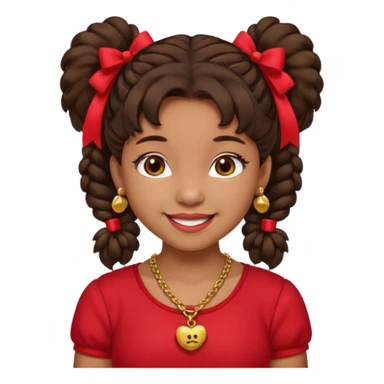Brownskin girl dark brown hair fluffy. pigtails with red bows brown eyes smiling closed mouth red shirt gold esrrings gold necklace sticker