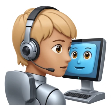 human is using some complicated system, in front of the monitor, asking someting to the monitor by natural language the monitor, ai robot answering in his own language sticker