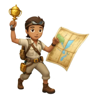 An icon featuring an adventurer in a dynamic action pose with treasure map, ancient ruins and jungle landscapes in the background. The design includes clues, hidden passages and climbing gear, symbolizing the thrill of exploration and discovery. Transparent background. sticker