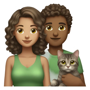 a girl with tan skin and brown curly hair and brown eyes and her boyfriend with short brown hair and brown eyes holding a grey tabby cat with green eyes sticker