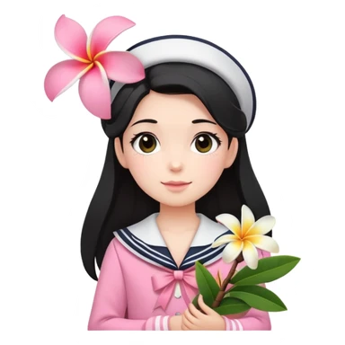  A girl with a black half-up half-down hairstyle, and a Pink sailor suit, enjoying the spring breeze.Holding a bundle of frangipani sticker