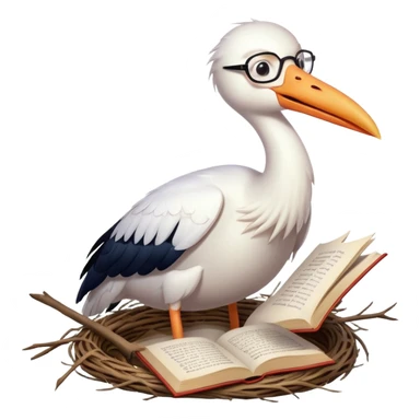 A stork wearing tiny glasses, sitting on a nest, holding an open book with its beak, surrounded by a few scattered feathers and a cozy, warm atmosphere. sticker