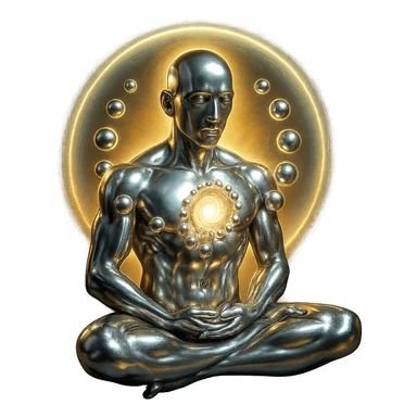 Add a glowing aura around the abstract chrome meditating figure with open chest and radiant spiral of spheres, keep the style polished and harmonious, no background. sticker