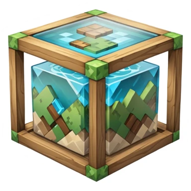 crafting table with tools like a minecraft style cube crafting table 100% like a minecraft table crafting, with on the right, left, a glass showing crafting merging between stone and wood sticker