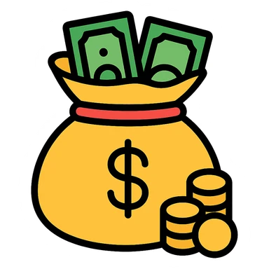 colored icon of a money bag with coins and banknotes peeking out sticker