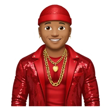 LL Cool J with red sequin jacket, shirtless with necklace sticker