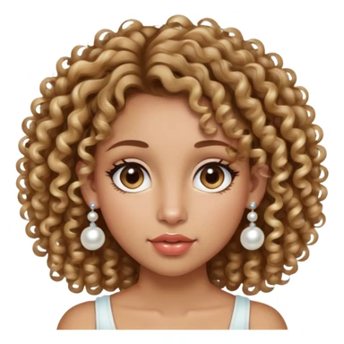 chica con el pelo muy muy rizado, de color castaño con mechas rubias. Nariz pequeña y redonda y labios gruesos. La cara de una forma redonda. Pendientes de perla con un segundo percing en la oreja.  sticker