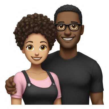 Black man, smiling, curly black hair, with black shirt and light skinned woman, curly bun, smiling, light pink shirt, black glasses sticker