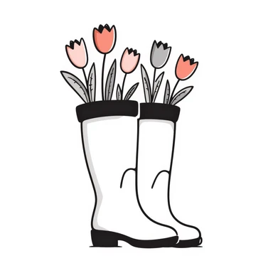 Rubber rain boots/wellington boots with tulip flowers sticking out from the top, in pastel colors (dd9fb0, ffc6d3, a3bfc9, c4bee2, f1b091), hand-drawn doodle style sticker