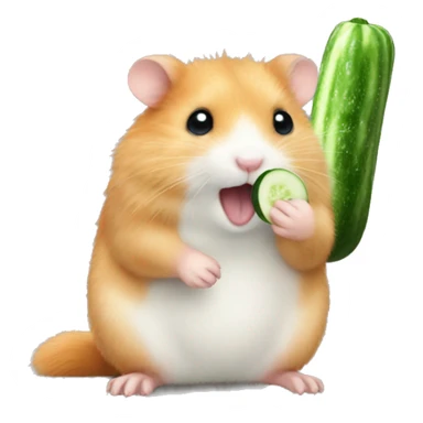 A fluffy red hamster eats a cucumber sticker