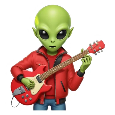 guitar rock player, aliens head, red jacket sticker