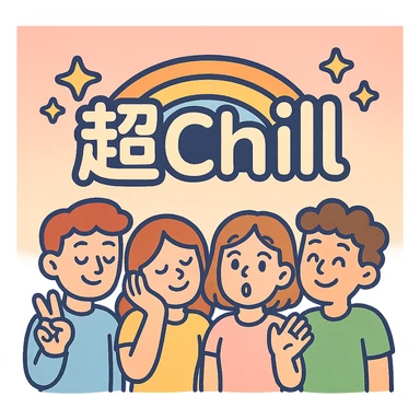 『超Chill』Chinese characters with floating stars and rainbow lines, pink and creamy blue gradient background, soft pastel style, overall soft and cute, suitable for emoji or sticker sticker
