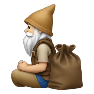 side view of gnome with light tan pants sitting above a small dark brown bag sticker