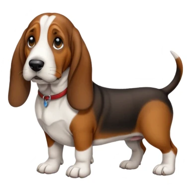 Basset hound with smaller ears, brown face black nose and black ears. White belly chest and feet sticker