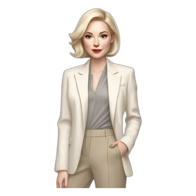pale skin woman with ash blonde Straightened bob Hair, White Spacious classical jacket, beige palazzo Arrow pants and gray blouse holding RAL colour palette in the hands sticker