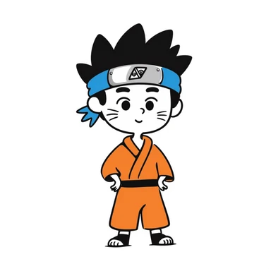 A blonde ninja boy with spiky hair, whisker marks on cheeks, orange outfit, and blue headband with metal plate sticker