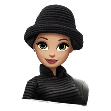 Bouclé Beauty Barbie, 1965 Wednesday Addams from academy, in dark-gray and black striped outfit with hat. Smiling Driving Mercedes convertible sports car  sticker