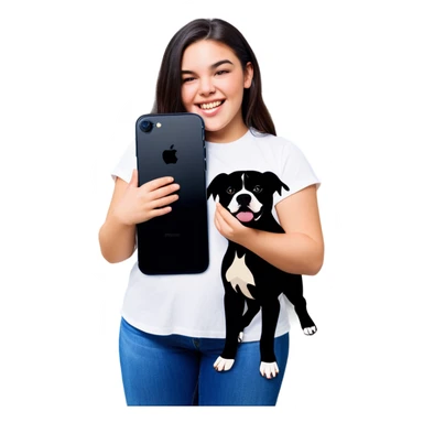 Beautiful young girl, slightly overweight with long dark hair that’s choppy cascading over her shoulders as she holds her black iPhone, and she has her beautiful dog mix of a pitbull with an under bite standing beside her sticker
