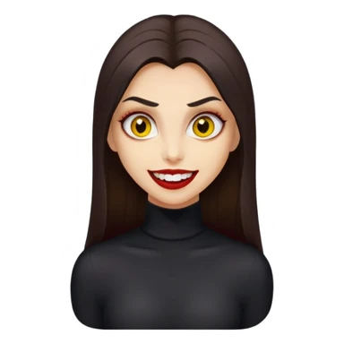 menina bronzeada com cabelos lisos escorridos longos castanho escuro dentes de vampiro olhos grande e amarelados boca carnuda aavermelhada sorriso maroto roupa preta com gola alta cilios grandes sticker