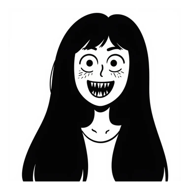 japanese horror style woman with extremely long black hair, pale white face, wide unblinking eyes, and a distorted mouth filled with hundreds of sharp jagged teeth sticker