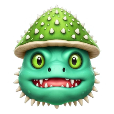 poisonous mushroom monster portrait, head and shoulders only, animal-like creature, mushroom cap head with spikes, toxic green glow, beast-like eyes, furry neck details, monstrous but cute fantasy vibe, 3D cartoon, mobile game icon style, clean background, no text, no watermark

 sticker
