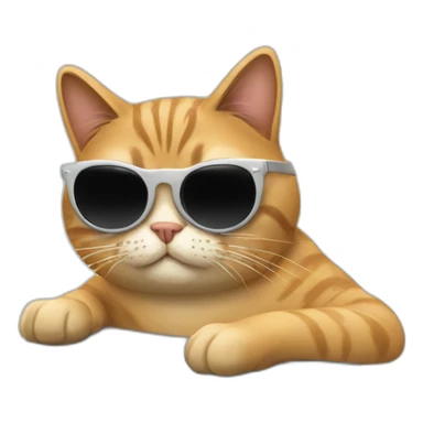 cat with round sunglasses working behind a laptop sticker