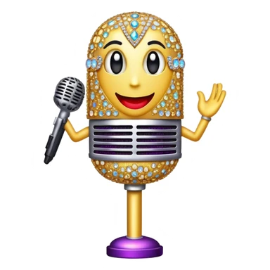 Create a glamorous and vibrant emoji representing stage vocal performance. The design should feature a classic vintage microphone at the center, surrounded by an eye-catching stage costume covered in rhinestones, sparkling brightly. The costume should be stylized, with glittering elements like sequins and sparkles, and reflect the glitzy, extravagant nature of show business. The microphone should have a sleek, retro look with chrome or metallic accents. Use rich, dazzling colors like gold, silver, deep purple, and bright red to evoke the glamorous, larger-than-life feel of a stage performance. The background should be transparent. sticker