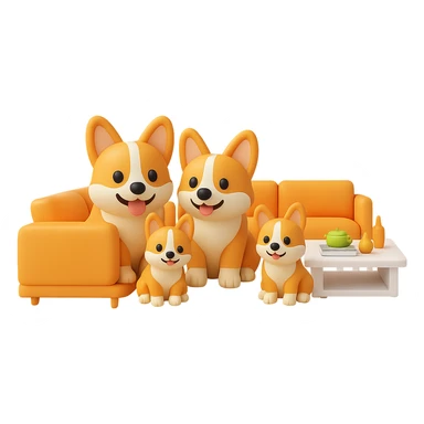 Change the dog family to a corgi breed, keep the modern family room scene, in the style of 3D emoji style, with no background. sticker