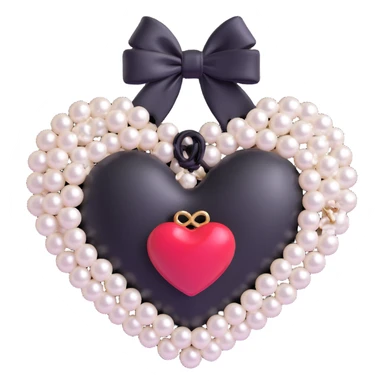Add a black bow to the heart with pearls and black Chanel logo, keep it elegant, glossy, black and white, 3D emoji style. sticker
