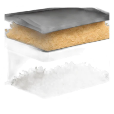 Black cubic plastic container with wood shavings inside sticker