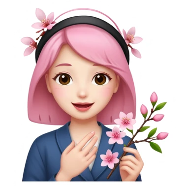 A happy face blushing holding a 🌸 sticker