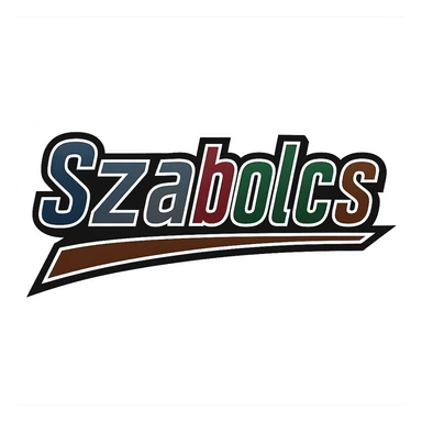 Text image of the name 'Szabolcs' in a masculine, modern, gradient font with precise Hungarian characters, dark contour, extra thick, prominent white border as in sample images, dynamic slanted underline, masculine color shades (blue, gray, burgundy, green, brown), 1000x1000 px, PNG, transparent background. sticker