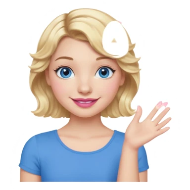 Girl Blonde short wavy hair,  blue eyes, cute blue top, long lashes, pink lips, smiling, one hand 🤷🏼‍♀️  sticker