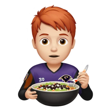 a red-haired boy wearing a ravens jersey and eating a chipotle burrito bowl sticker