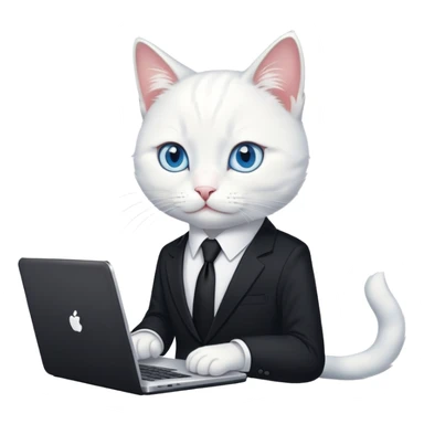 white cat with blue eyes in a black suit with black tie and laptop sticker