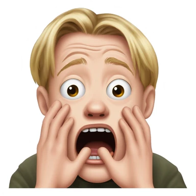 macaulay culkin from Home Alone, putting both hands on his face and screaming of fear. bring the hands down lik he is putting on his cheeks. sticker