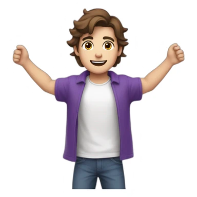 young french man, arms up, brown hair, purple t-shirt, white skin, head large sticker