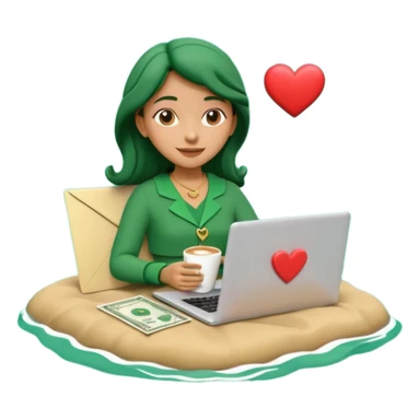 3D clay character relaxed with laptop and coffee, floating icons (envelope, heart, dollar), deep green (#0B3D2C) outfit, gold icons, cream laptop, Pixar style, transparent background sticker