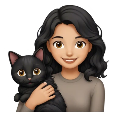tan girl with black wavy hair holding a black cat happy sticker