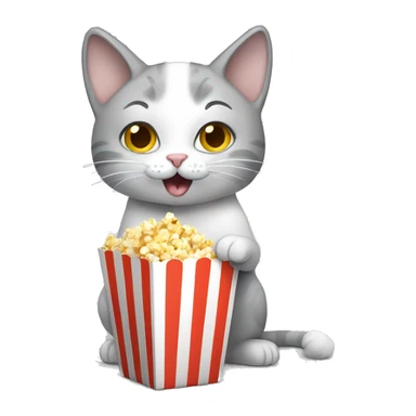 White and gray cat eating popcorn sticker