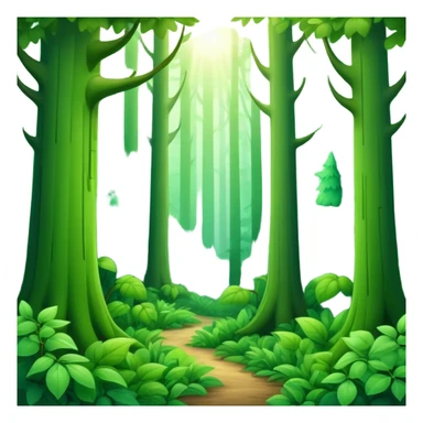 A vibrant, cartoon-style emoji of a dense green forest with tall trees, soft sunlight filtering through leaves, and a misty atmosphere, in shades of emerald and moss green. sticker