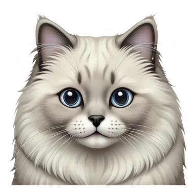 Cinematic Adorable Fluffy Grey Seal Ragdoll Cat Portrait Emoji, Head tilted gracefully with large, sparkling eyes, soft grey fur with darker seal points on the ears, face, and paws, Simplified yet majestic features, highly detailed, glowing with a soft, warm glow, high shine, calm and affectionate, stylized with a touch of elegance, bright and endearing, soft glowing outline, capturing the essence of a regal and loving kitty, so serene it feels like it could glide across the screen with its dignified presence! sticker